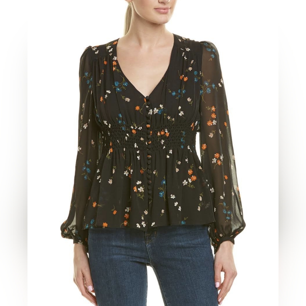 EUC Nicholas Silk Black Floral Blouse, Sz US 2